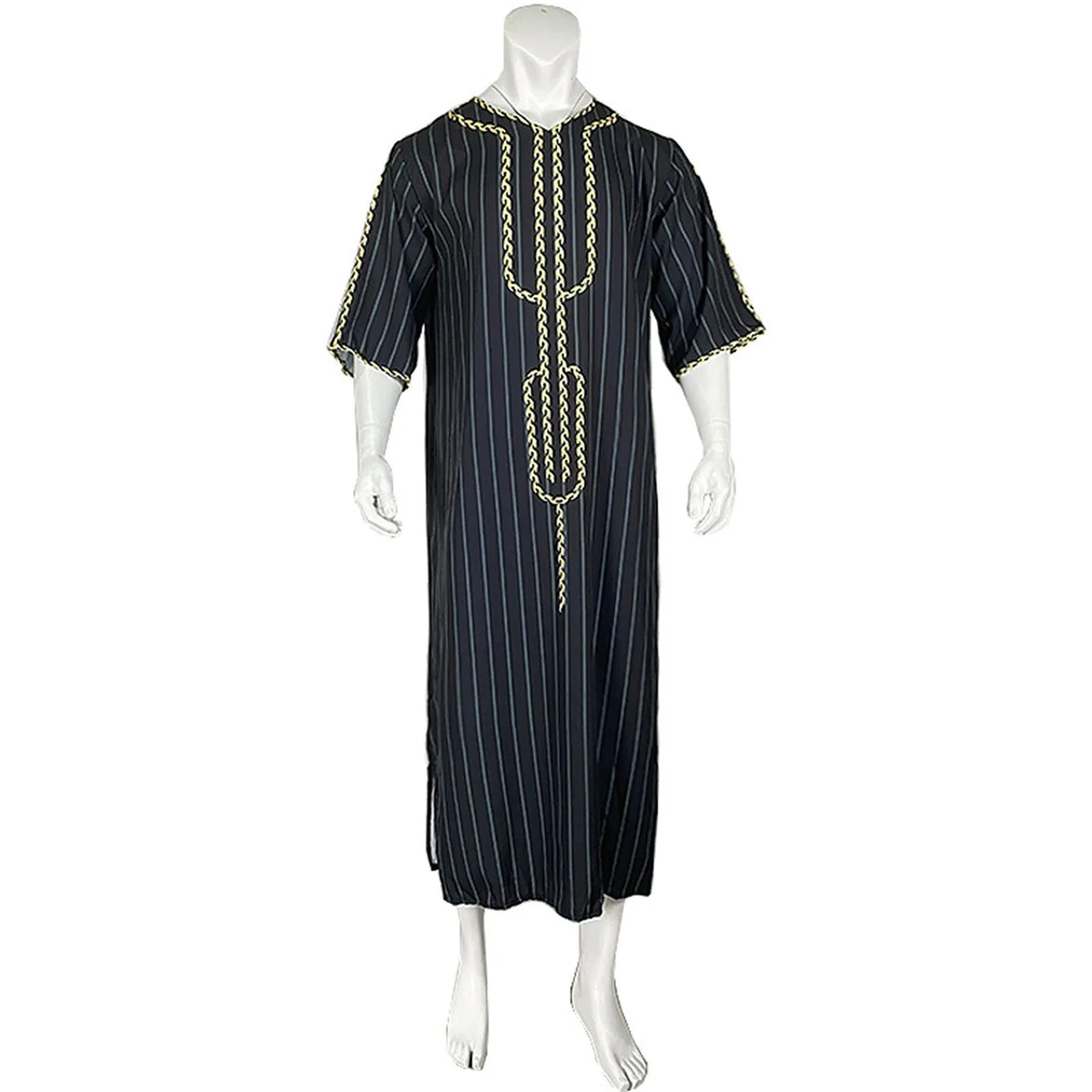 Muslim Men'S Clothing Hand-Embroidered Loose Breathable Summer Fashion Loose Robe Dubai Luxury V-Neck Short Sleeve Printing