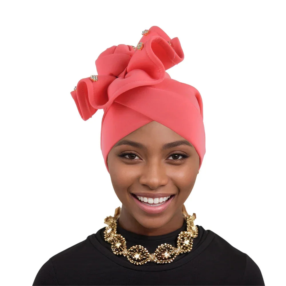 2025 Trendy Women Big Flower Turban Hat Fashion Muslim Hijab Caps Beads Head Wrap Bonnet Bandana Chemo Cap African Headties Hats