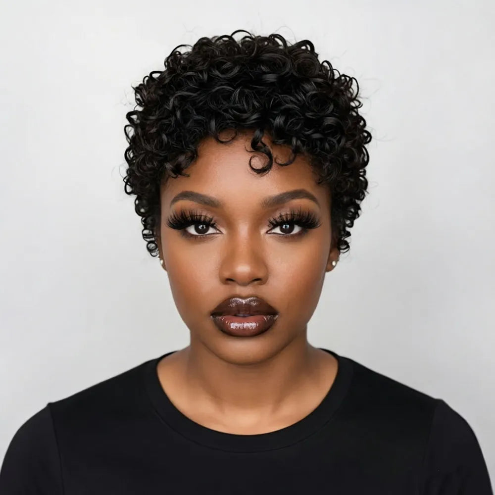 Peluca corta pixie rizada afro de cabello humano para mujer, uso diario, fiesta, peluca pixie hecha a máquina, color negro