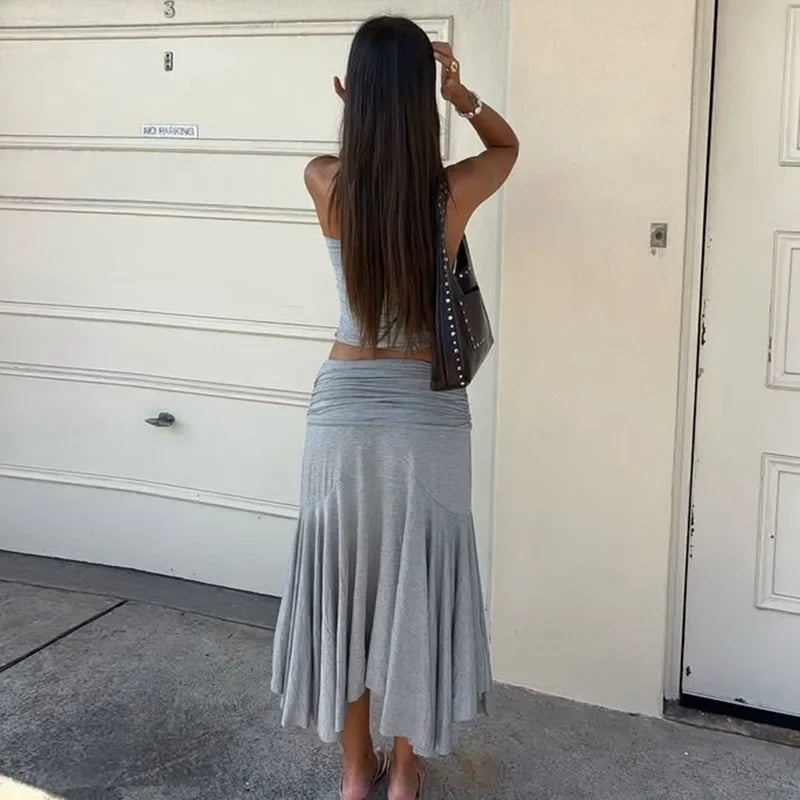 Fashion Pleated 2 Piece-Set Long Skirt For Women Off-Shoulder Cropped Pullover Top And Slim Long Skirt Sets Female Outfits