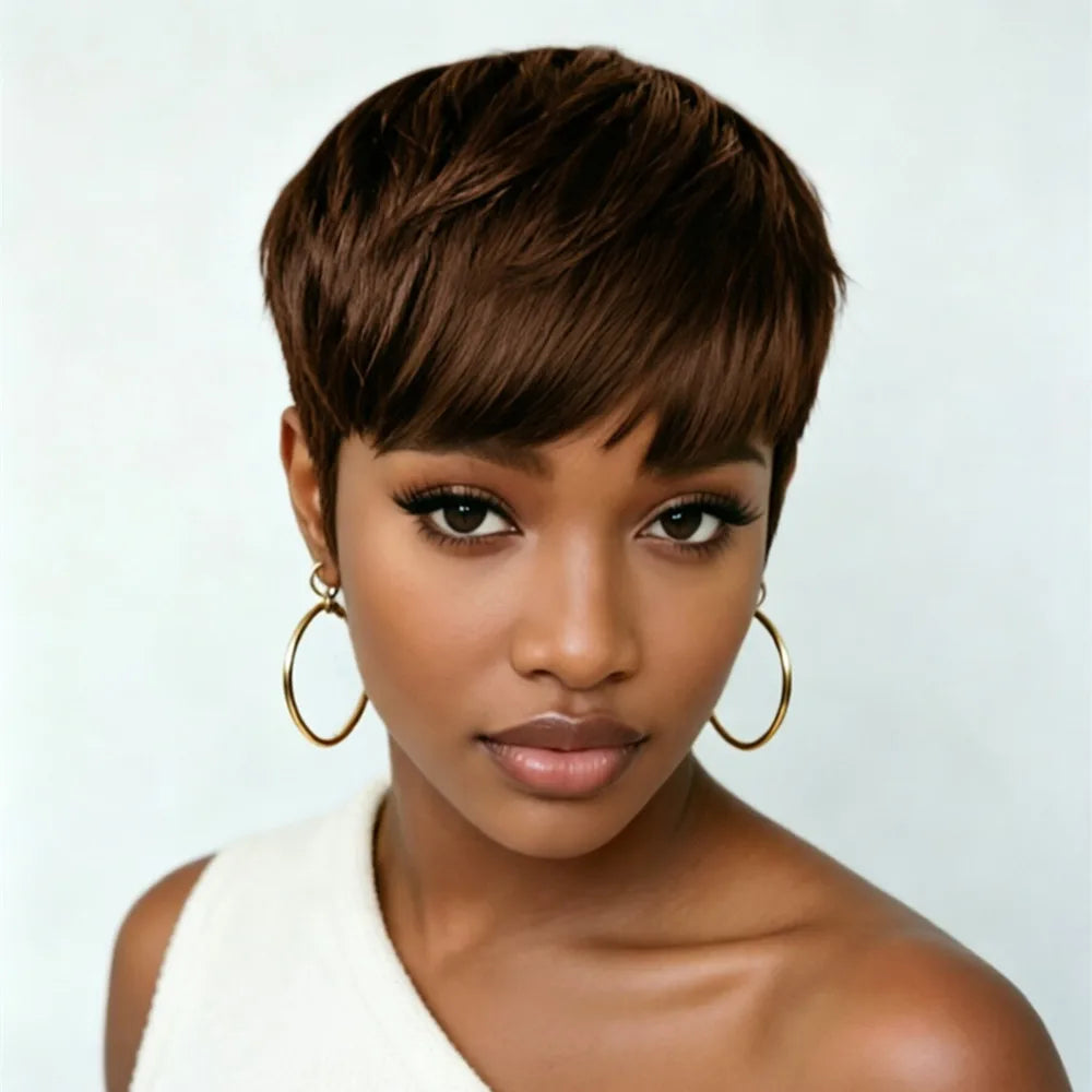 6inch 4/99J/natural black color straight short pixie  wig 150% density machine made pixie human hair wig for women