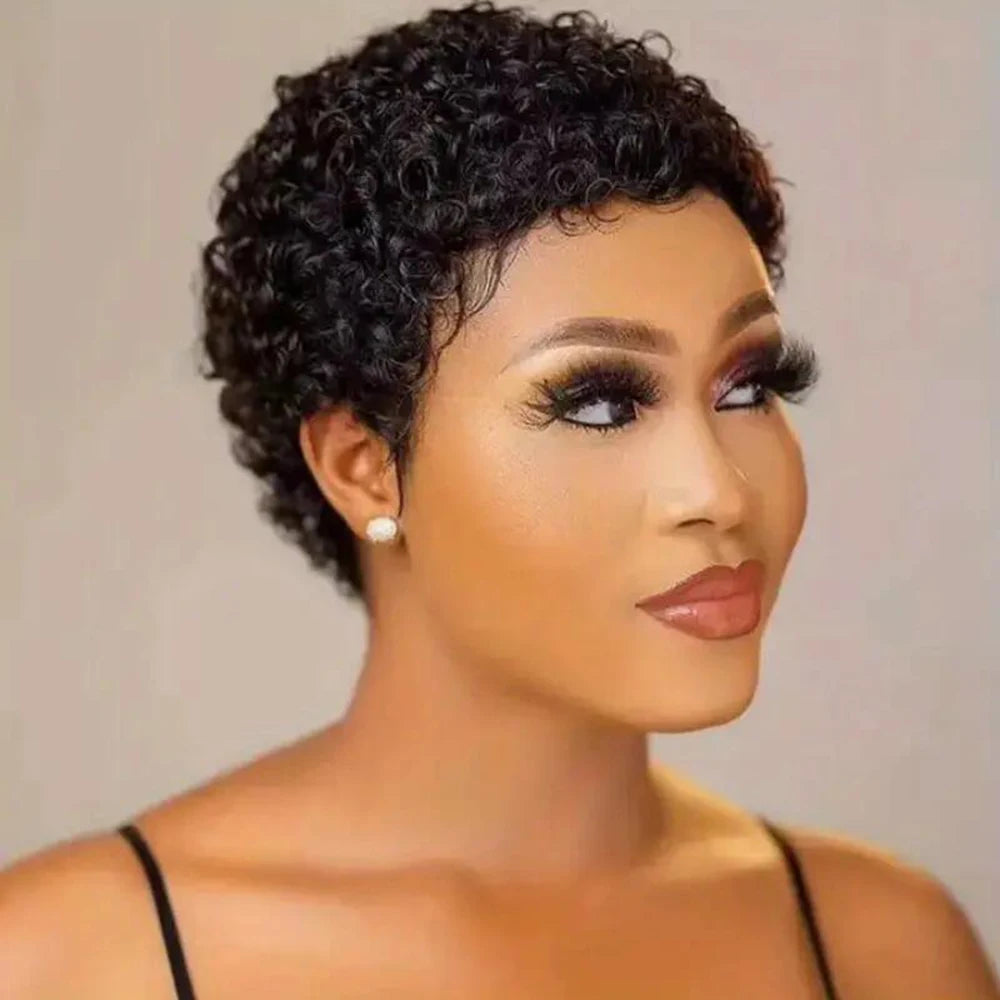 Pixie Cut Kinky Curly Wig-Natural Black 99J 30# 27# Brazilian Human Hair, 150% Density for Everyday Machine Made Wig