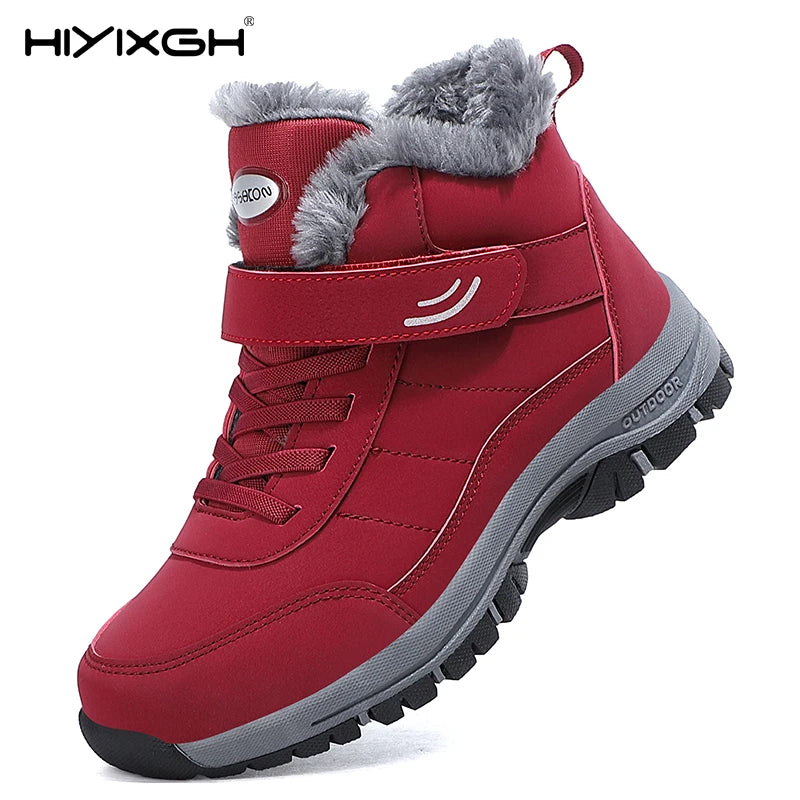 Unisex Snow Walking Boots Winter Thick Soled Casual Leather Warm Plush Comfortable Outdoor Non Slip Hiking Cotton Shoes Elderly