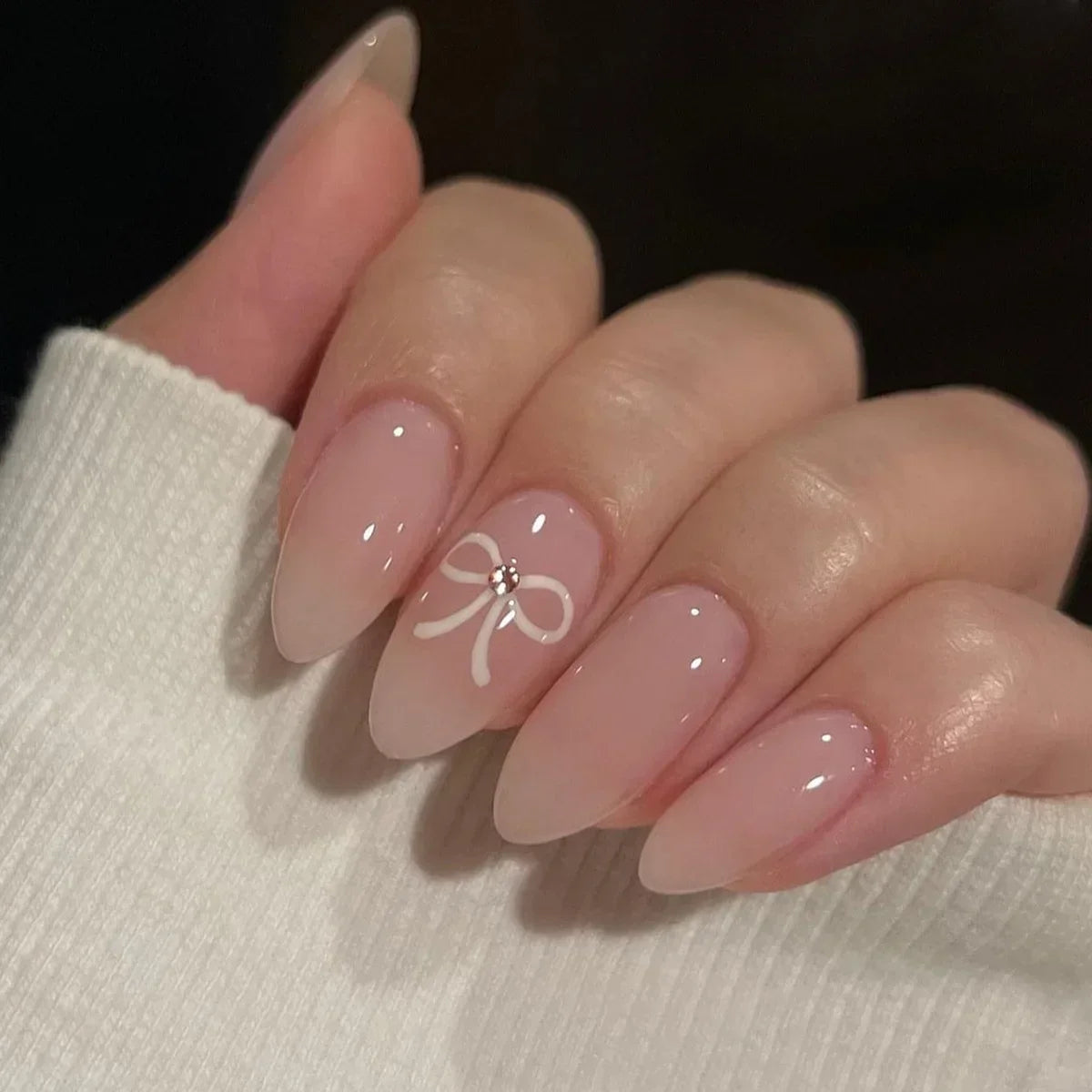 24Pcs Almond Press-On Nails in Pink Cat Eye with Heart & Strawberry Designs – Glossy Acrylic Stick-On Nails for Women & Girls