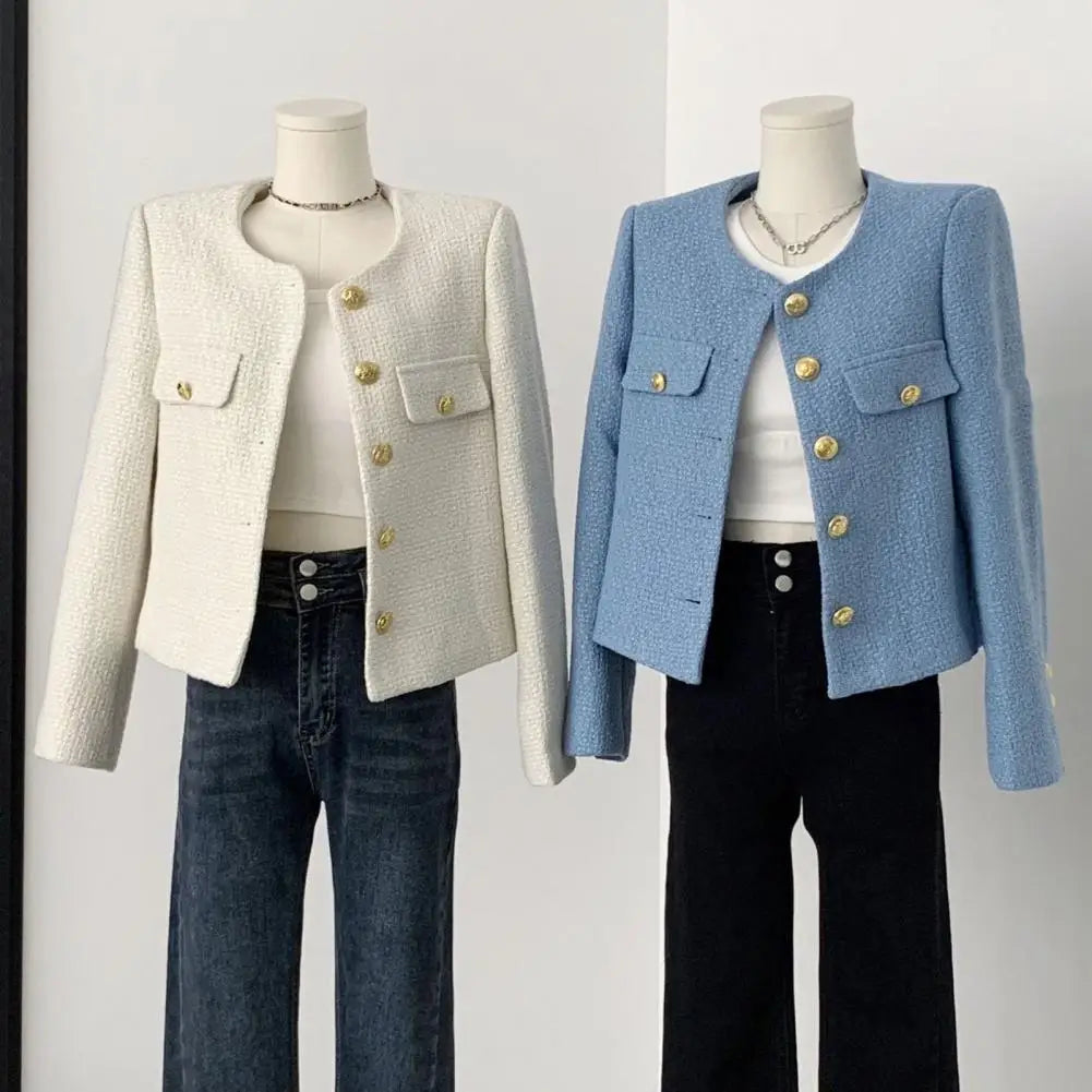 Round Neck Jacket Stylish Single-breasted Women's Coat for Fall Spring Long Sleeves Cardigan in Solid Color Loose Fit for Dating