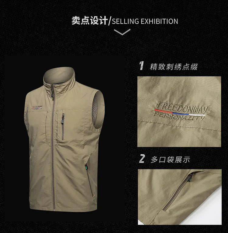 Men's Vest Thin Tooling Loose Quick Drying Outdoor Sports Multi Pocket Stand Collar Camping Fishing Vest Summer жилетка мужская
