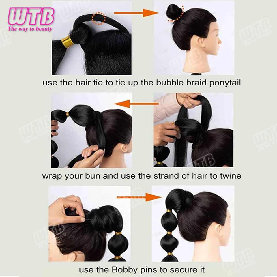 WTB Extensions de cheveux synthétiques en queue de cheval à bulles noires, afro, longues tresses, queue de cheval enveloppante en forme de lanterne pour femmes