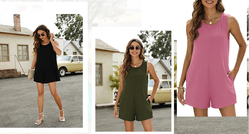 Mono corto de mujer casual de verano, holgado, con cuello redondo, sin mangas y con bolsillo lateral