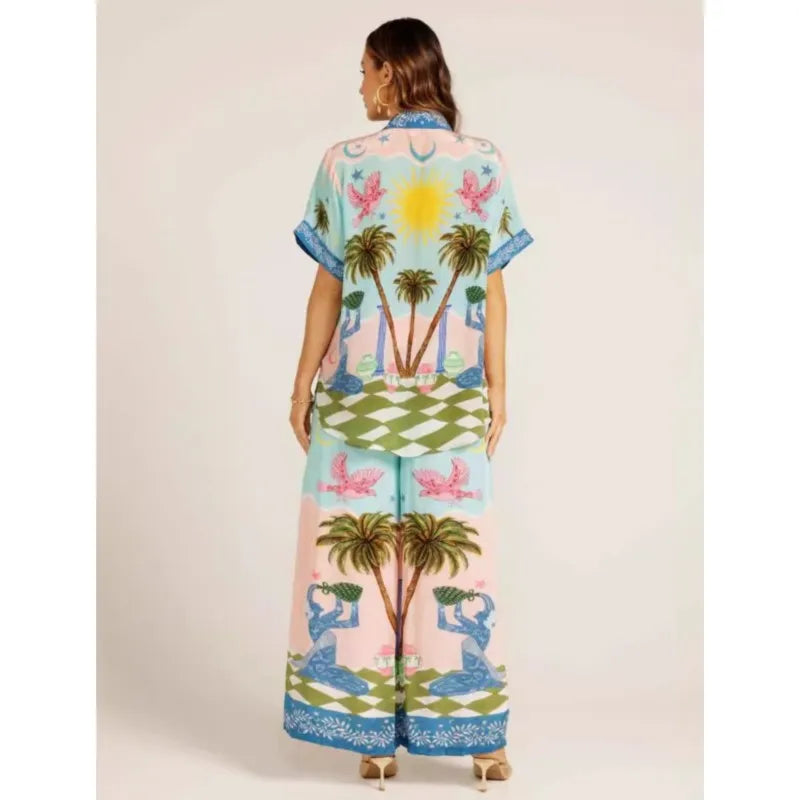 Pants Sets For Women Summer Fashion Printed Half Sleeve Shirt Suits Casual Loose High Waisted Female Wide Leg Pants Outfits