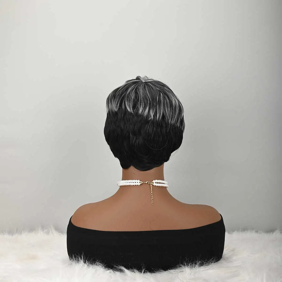 Short Wigs for Women Natural Layered black wigs with Bangs for Women Synthetic Curly Pixie Wigs Short Hair for Women Heat Resistant Fiber Wig for Daily Use (Grey Mixd Black)