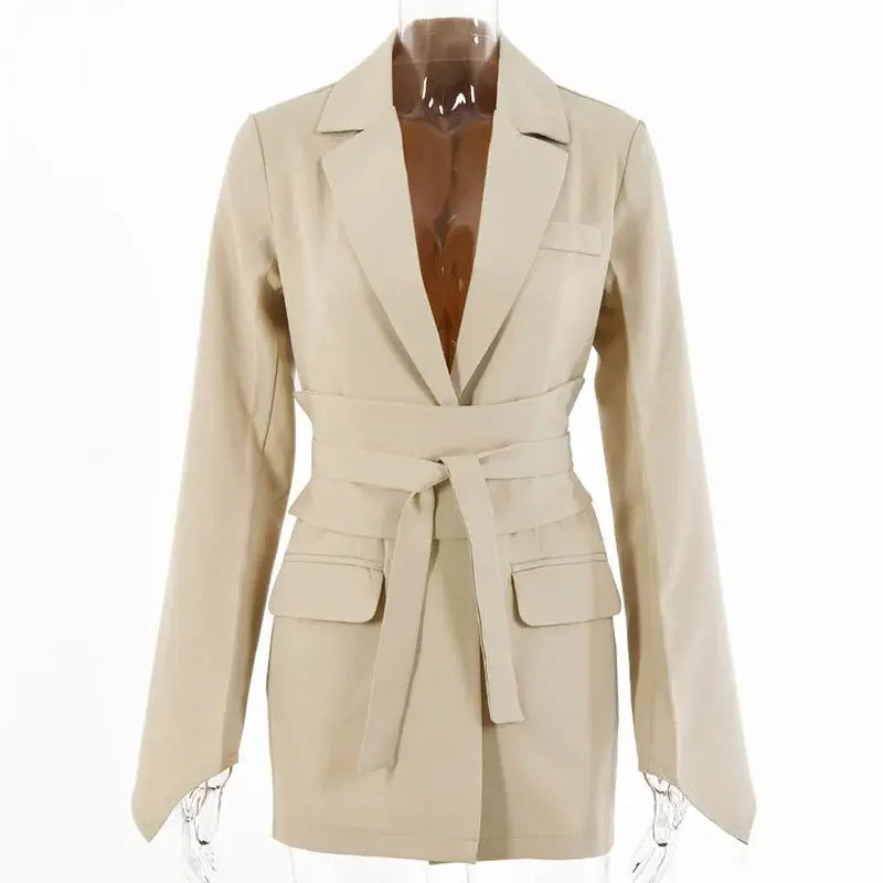 Elegant Trousers Suit Women Slim V-neck Pockets Blazer Full Sleeve Belt Straight Pants Sets Female Solid Sets Lady Spring Autumn