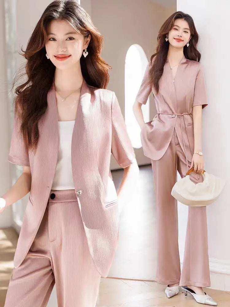Women's Pants Suit With Belt Summer Short Sleeve V Neck Blazer And Trousers Set Elegant Office Work Wear Purple Fashion 2025
