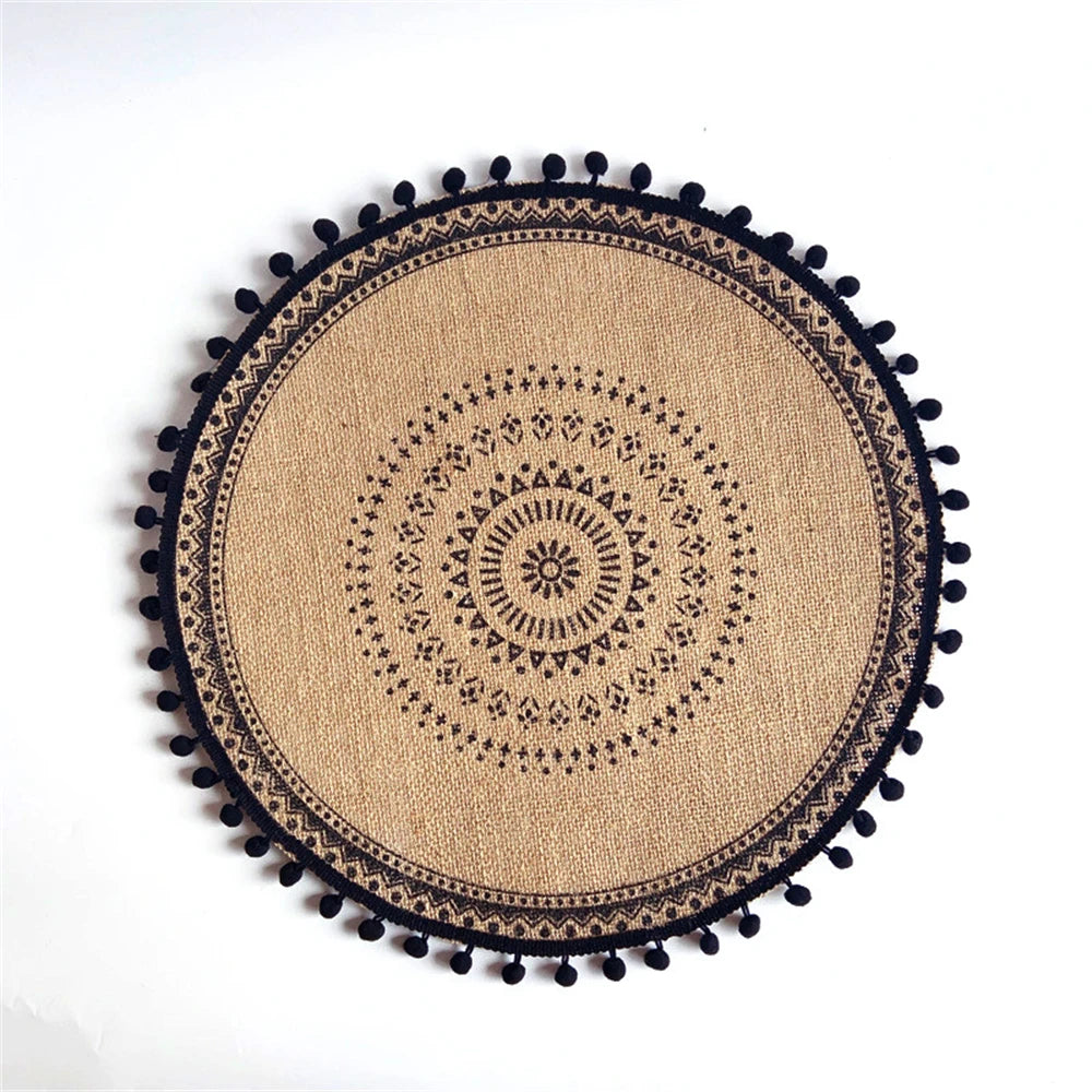 Vintage Pastoral Round Cotton Linen Placemats Handwoven Jute Tassels Placemats Soft Non-slip Table Pads Vase Mats Accessories