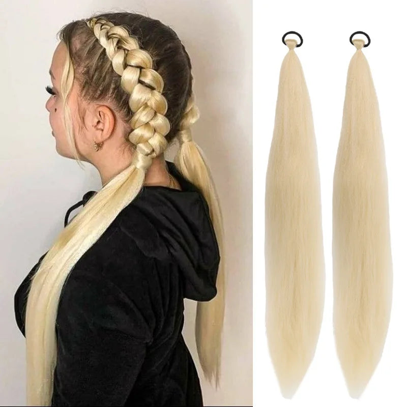 2PCS Synthetic pair of female rubber band boxing color synthetic braided ponytail wig long straight hair heat-resistant ponytail