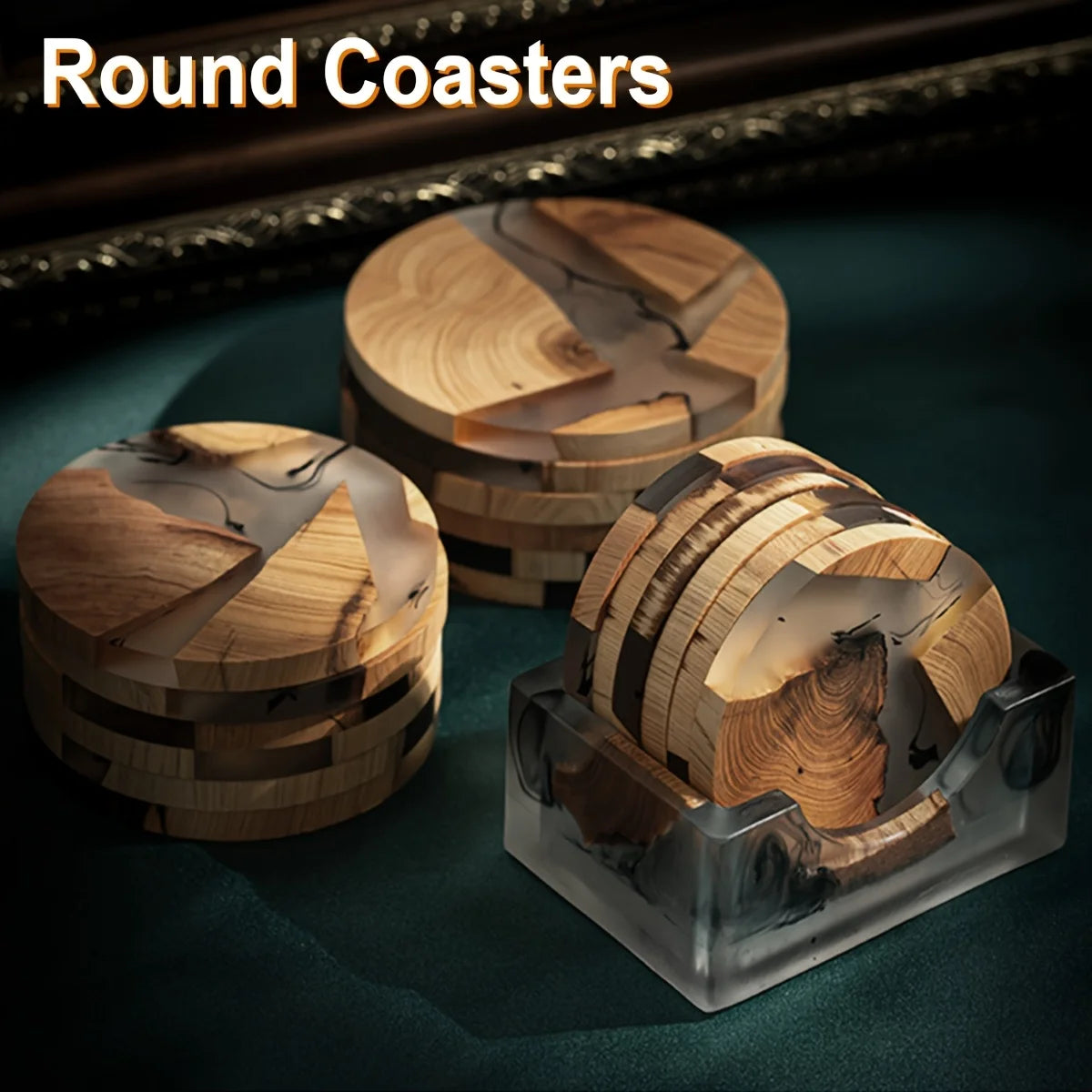 Wooden Round Coaster Set of 6 with Holder, Modern Epoxy Resin Coasters, Cedar Wood Coasters, Epoxy Drink Coasters for Tabletop