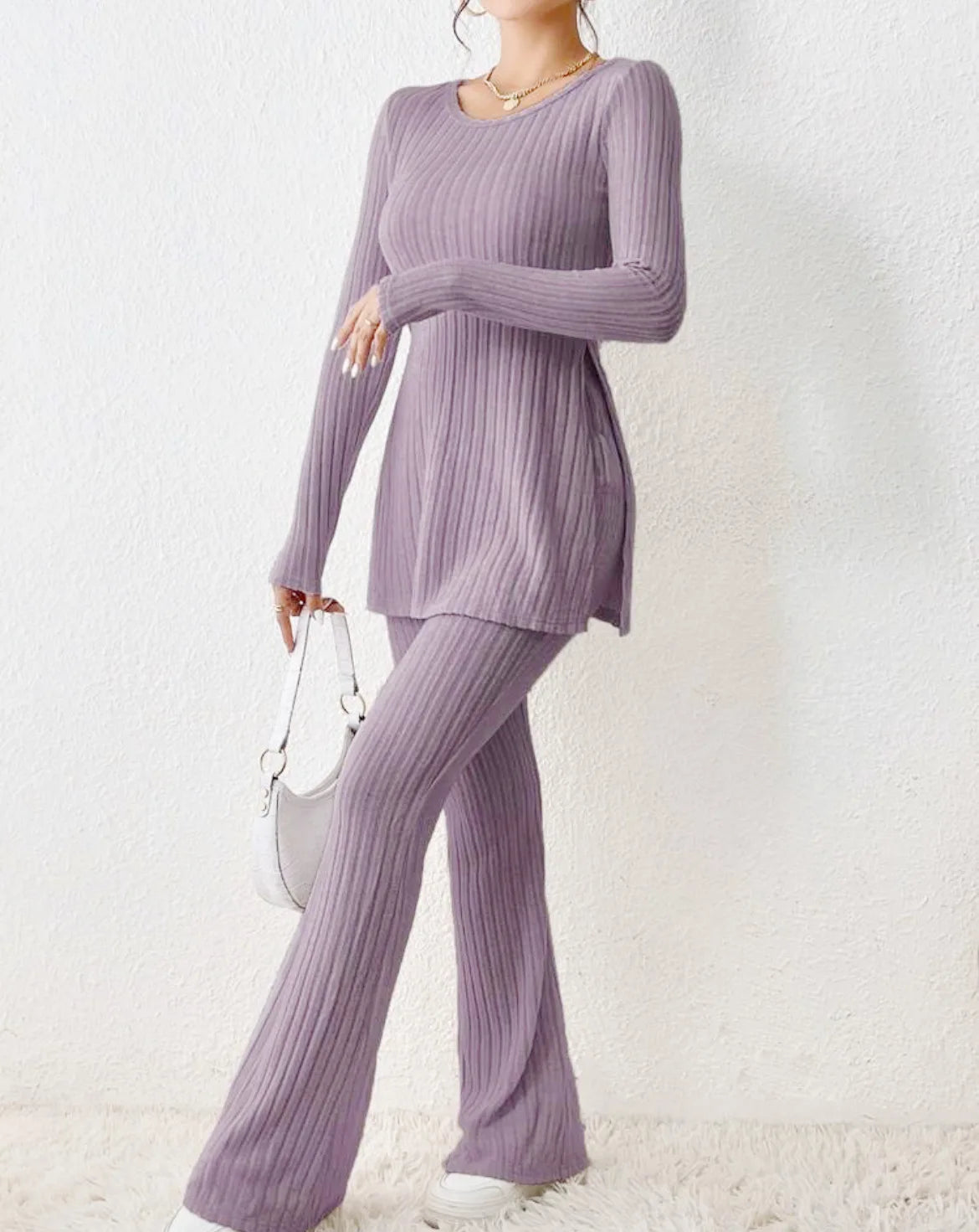 Ropa de Mujer Otoño Invierno Nuevo Estilo Color Sólido Sexy Casual Manga Larga Cuello Redondo Rajado Moda Temperamento Conjunto de Dos Piezas