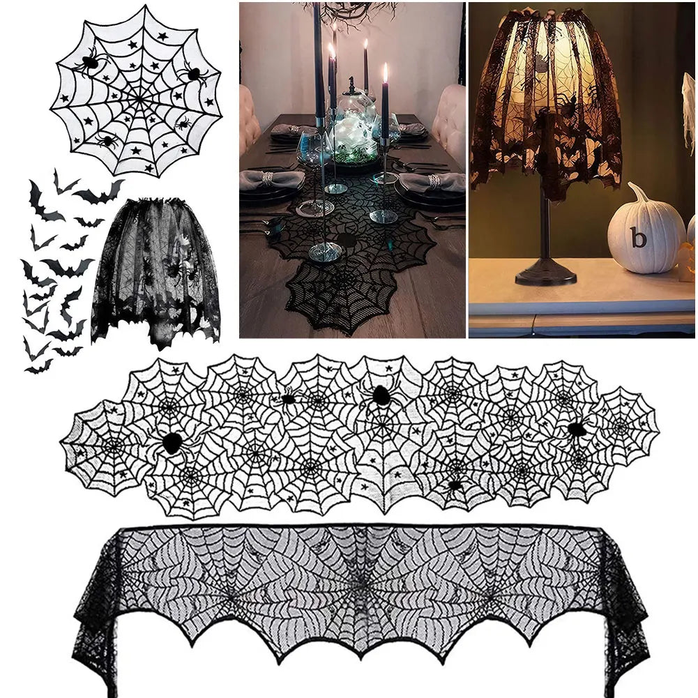 Halloween Lace Spider Web Tablecloths Black Skull Spider Web Fireplace Curtain Mantel Scarf Event Home Party Table Decorations