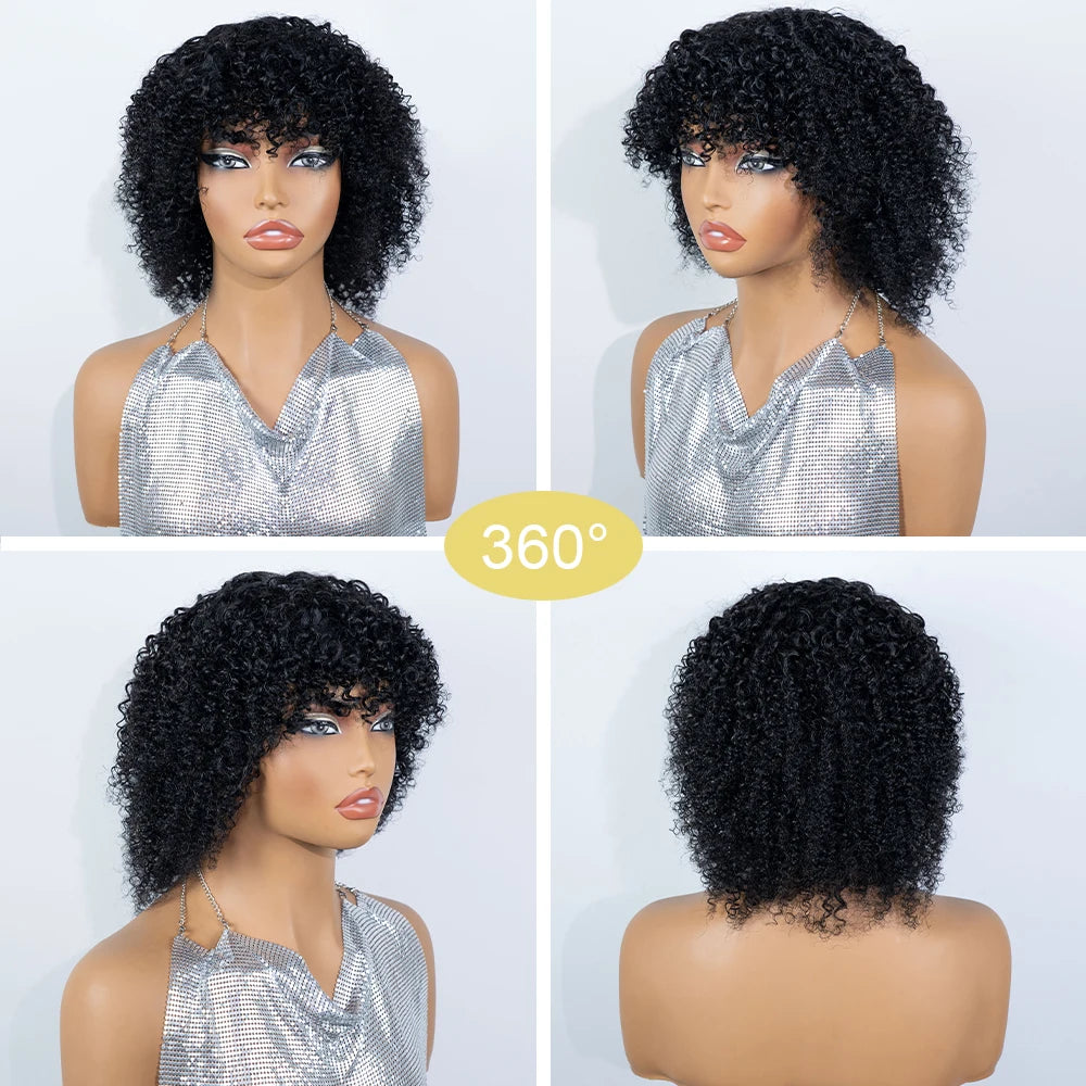 Short Jet Short Black Fluffy Kinky Afro Curly Virgin Human Hair Bob Wig with Full Bangs, Thick Tight Spring Small Curly Real Hair Bob Wig,Full Machine Made for Daily Wedding Club Cosplay Photoshoot