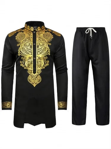 Conjunto de dos piezas para hombre africano Traje tradicional de manga larga con estampado dorado Camisa Pantalones Fiesta África Verano Caballero Atuendo étnico