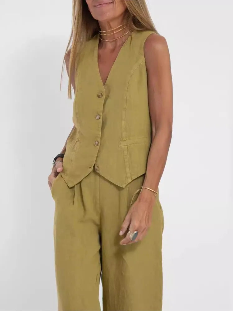 Fashion Vest And Pants Sets For Women Cotton Solid Casual Suit Patchwork Sleeveless Button Top + Pants 2 Piece Set Office Ladies