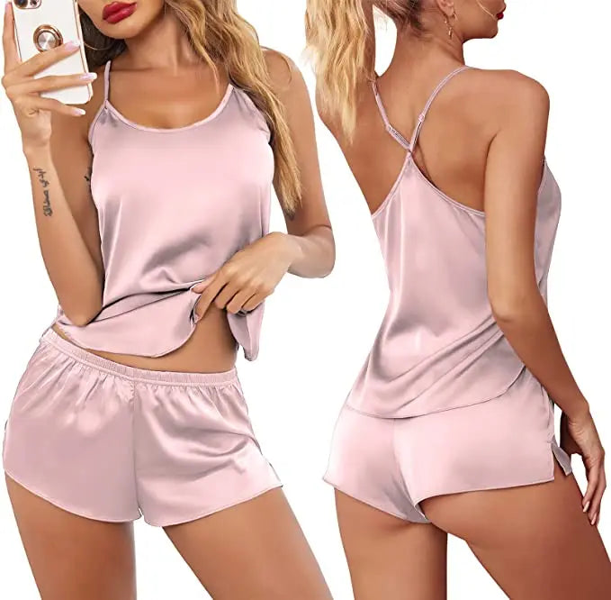 Conjuntos de pijama de satén y encaje sexy para mujer, ropa de dormir, tops sin mangas + pantalones cortos, conjuntos de 2 piezas de pijama para mujer