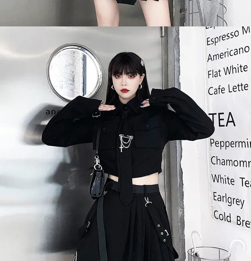 Women Two-Piece Skirt Spring Oversize 4XL Black Punk Chain Ribbon Skirts Ladies Suit Female Dress Sets Harajuku Streetwear