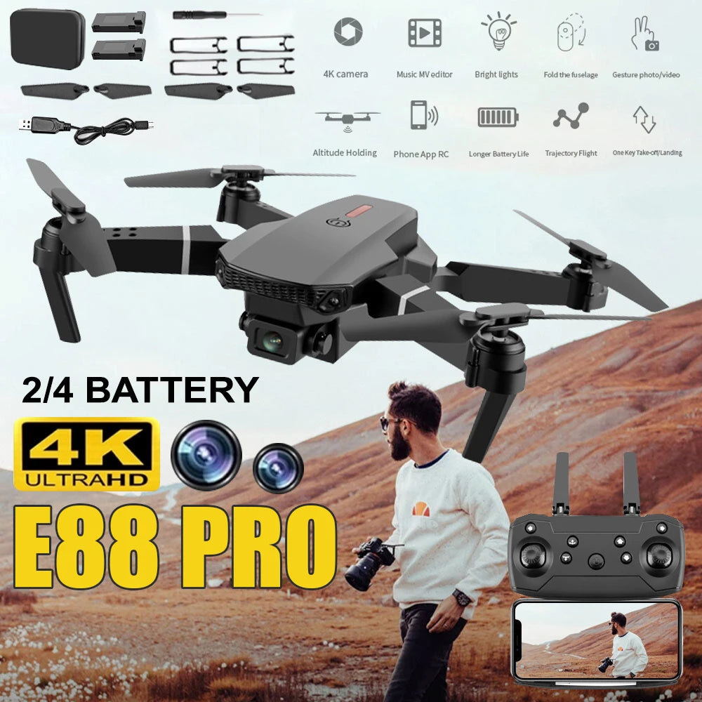 Hd 8k Drone E88 Pro Max Foldable Mini Rc Drone With Dual Camera Colorful Lights Screen Control Boys Gift 10 Min Flight Time