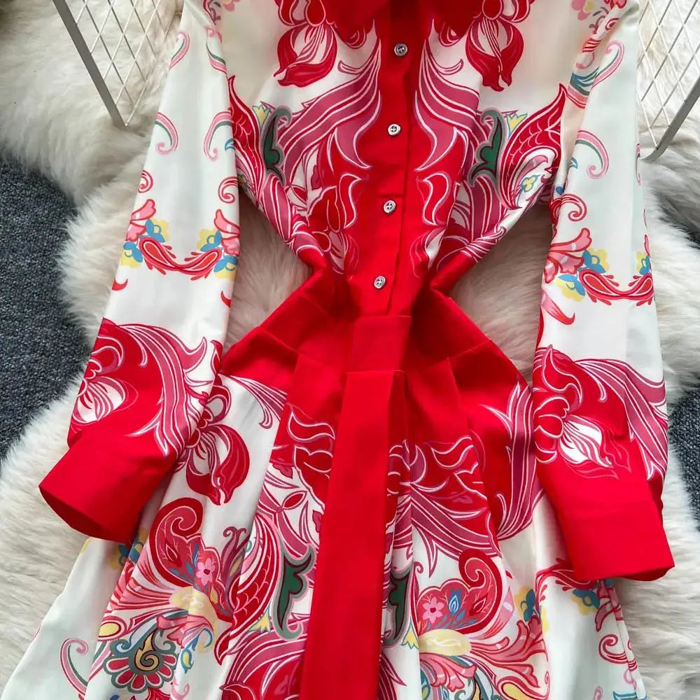 Fashion High-End Feeling Gown Dress Elegant European Court Style Long Printed Slimming New Women's Design Sensation Retro Summer