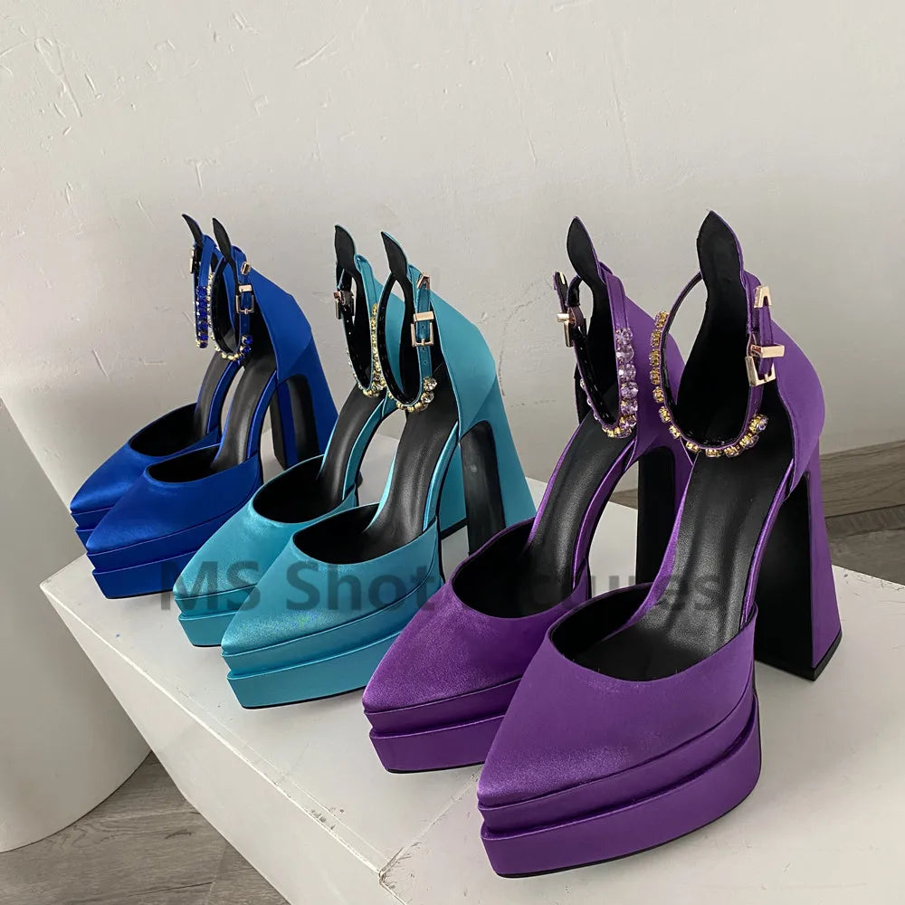 Luxury Women High Heel Shoes Platform Sandals Pointed Toe Woman Silk Pumps Sexy Rhinestone Buckle Chunky Heel Wedding Shoes 2024