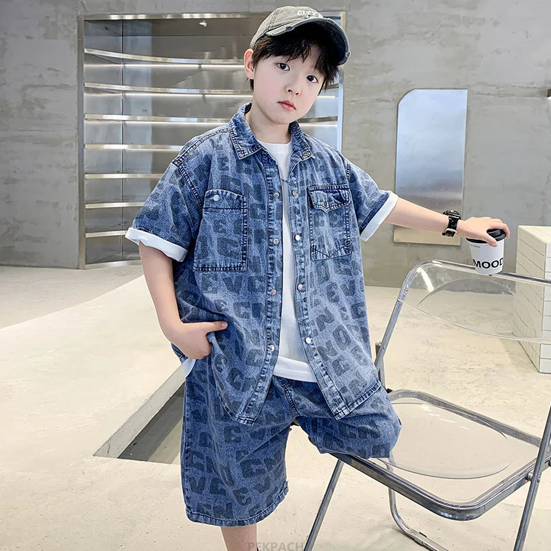 Conjunto de ropa casual de verano para niños Camisa y pantalón corto vaquero de 2 piezas para adolescentes y niños Traje de estilo urbano fresco