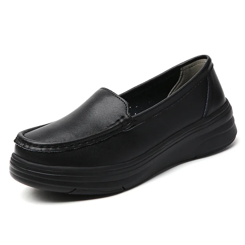 Nurse shoes with leather soft sole anti slip and breathable black thick sole women's work shoes