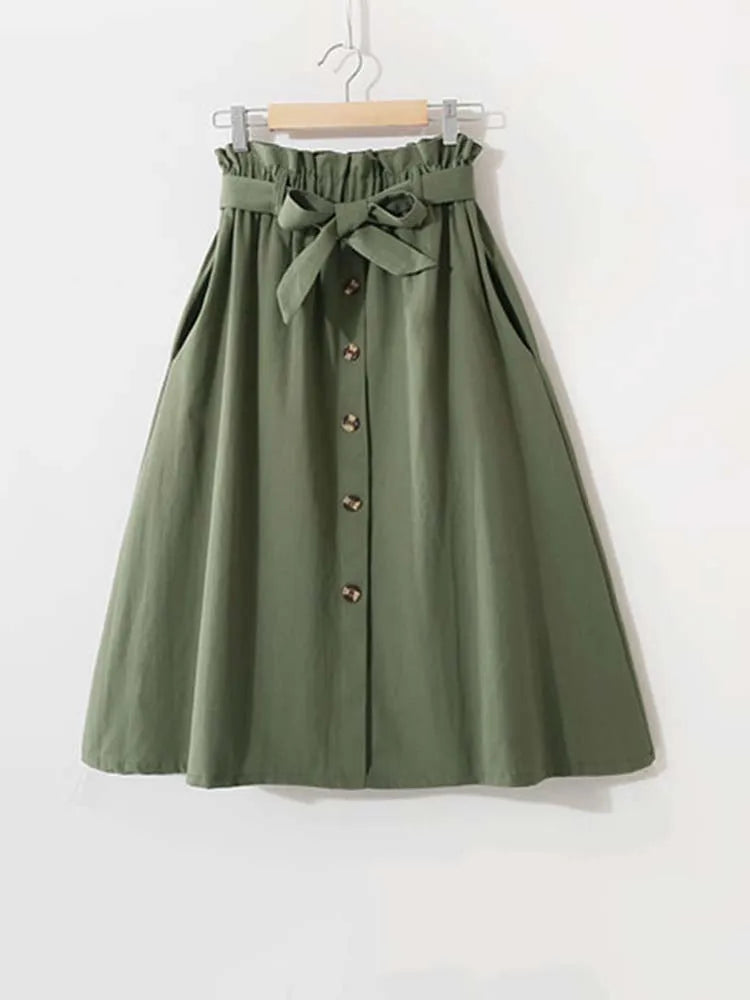 Women Summer Midi Skirt Girls Elegant Solid High Waist Spring Casual Single-Breasted Sashes Office Ladies A-Line Cotton Skirt