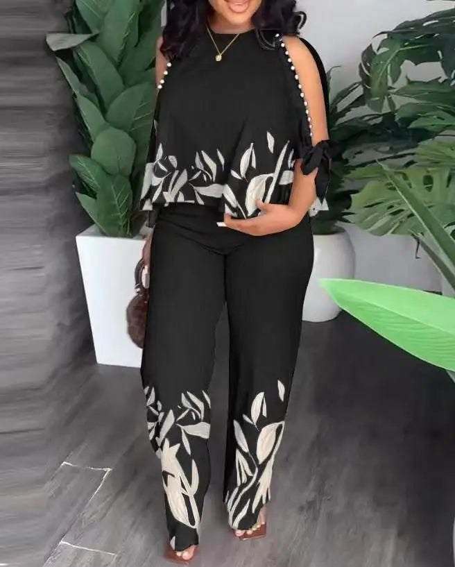 Two Piece Sets Women Outifit Beaded O-Neck Split Sleeve Top & Casual High Waist Straight Leg Pants Set 2023 Summer New Fashion