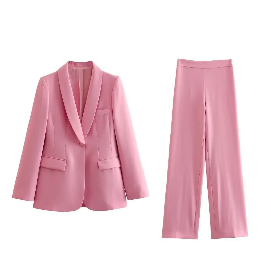 Women's Blazer New Spring Elegant Casual Office Lady Pink Jacket Coat Fashion High Waist Loose Wide Leg Trousers Pant Suit