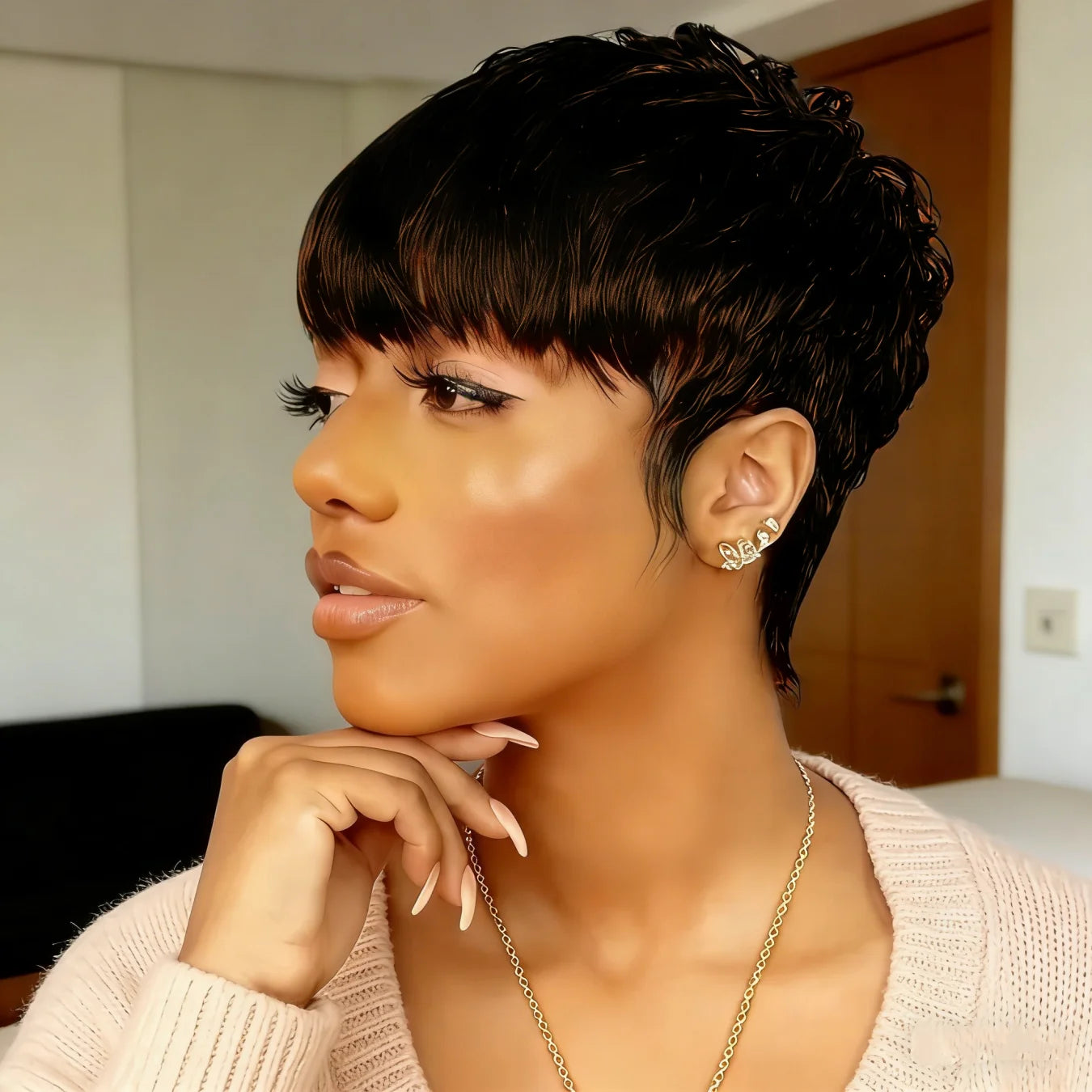 Straight Pixie Cut Wig Human Hair, Full Machine Made with Bangs Tangle-Free Wigs for Women 180% Density 8 Inch