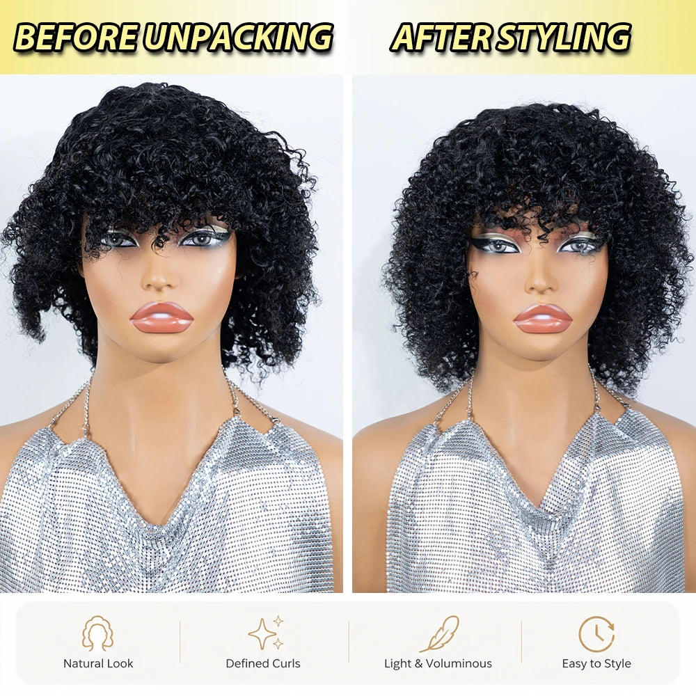 Short Jet Short Black Fluffy Kinky Afro Curly Virgin Human Hair Bob Wig with Full Bangs, Thick Tight Spring Small Curly Real Hair Bob Wig,Full Machine Made for Daily Wedding Club Cosplay Photoshoot