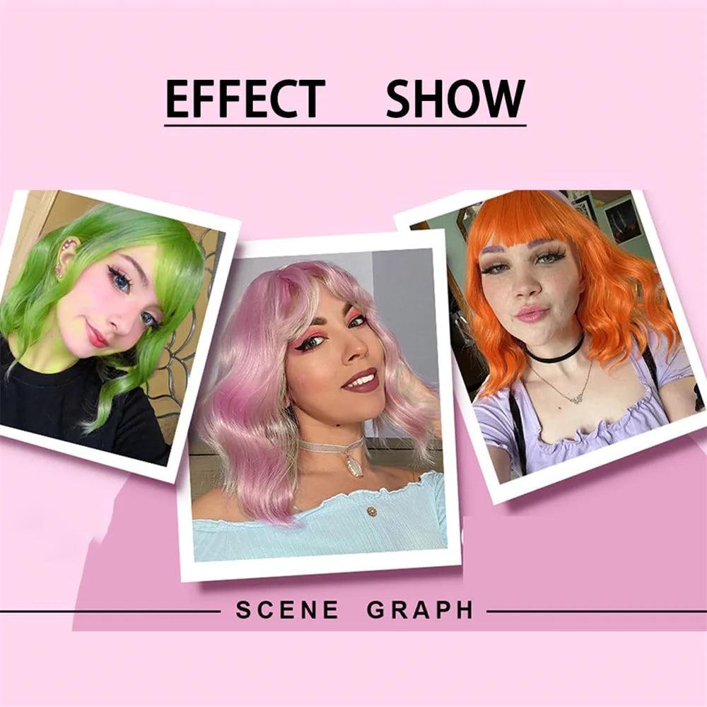 Short Wavy Bob Wig With Bangs, Shoulder Length Curly Wigs For Women, Synthetic Pink Wig For Daily Use, Cosplay Wig For Halloween