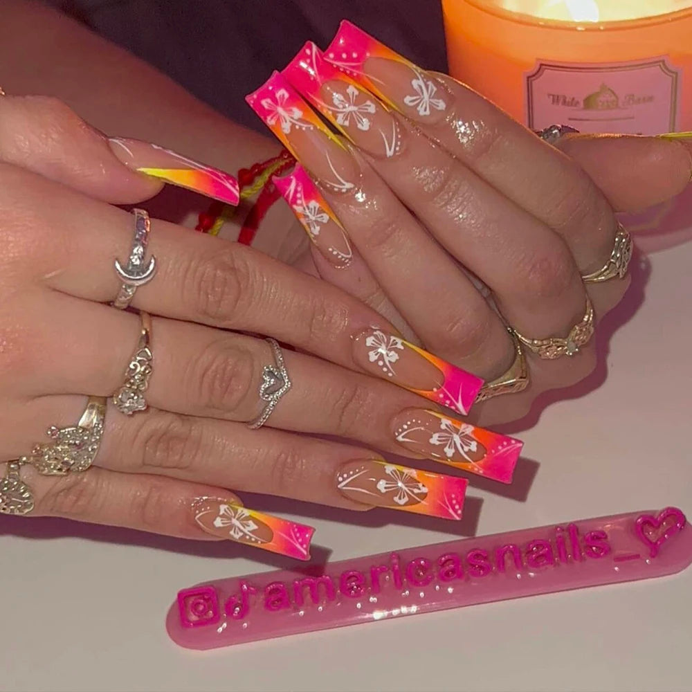 24 pcs short square French simple flower nails +1 nail glue +1 nail file