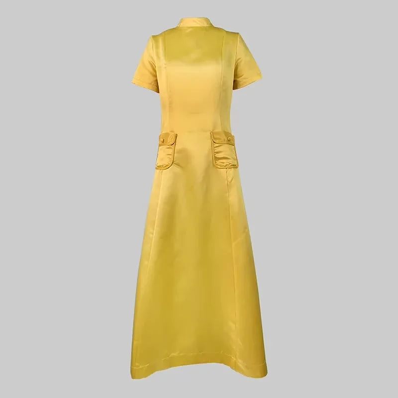 Elegant Party Evening Maxi Dresses for Women New Summer Short Sleeves Pockets Solid Color Round-Neck A-Line Dress