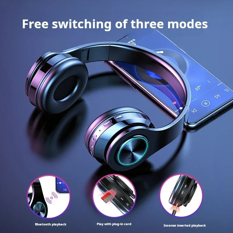 Auriculares de diadema inalámbricos para juegos con Bluetooth, sonido envolvente estéreo, audífonos USB con micrófono, luz colorida para PC y portátil