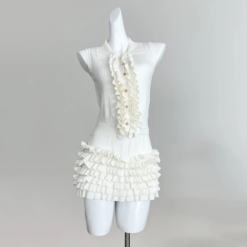 2 Two-Piece Knitted Skirt Sets Stylish Sleeveless Tank Tops and High Waist Layered Mini Skirts Black White Outfits Women Suits