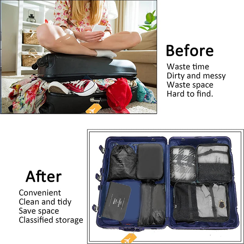7PCS Travel Packing Cubes Luggage Pouches Organiser Clothes Suitcase Storage Bag