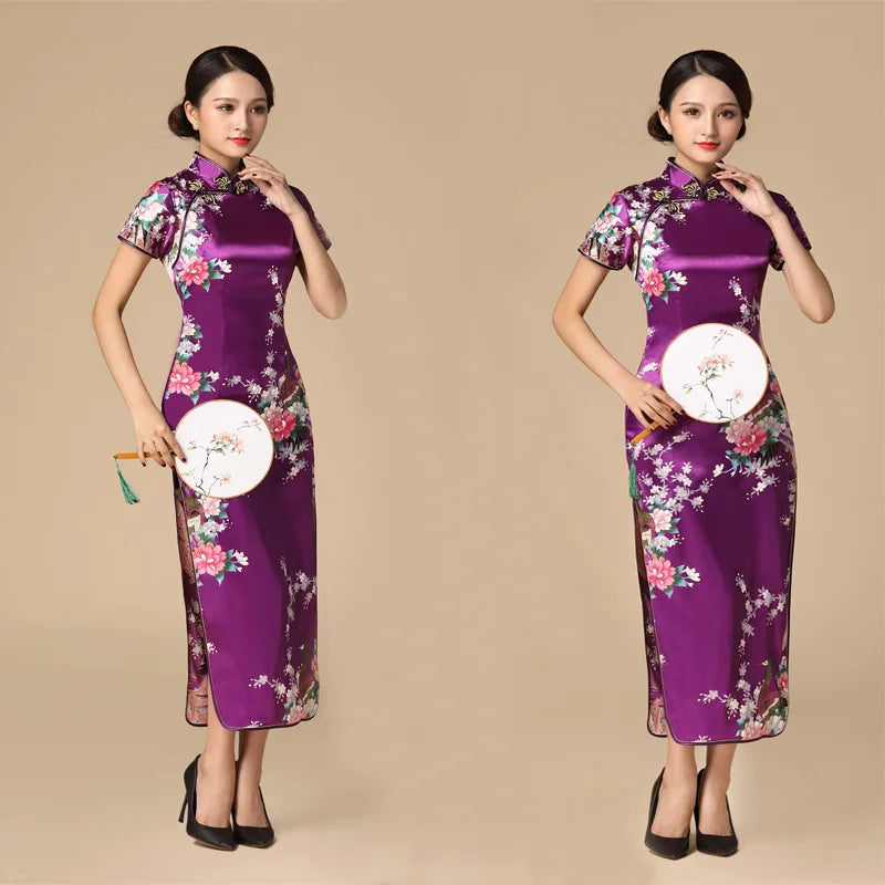 Print Satin Qipao Lady Elegant Dresses Sexy Cheongsam Chinese Tradition Style Dress Summer New Long Qipaos Plus Size 4Xl5Xl6Xl