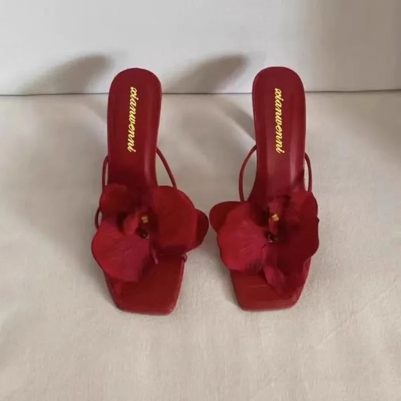 Brand Shoes Female Summer New Elegant Flowers Design Women's Slippers Casual Fashionable Outer Wear High Heel Slides Women