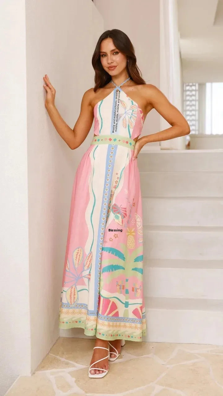 Sexy Long Neck Hanging Strap Backless Dress New Independent Station Cross-Border Sleeveless Knee-Length Polyester Fiber