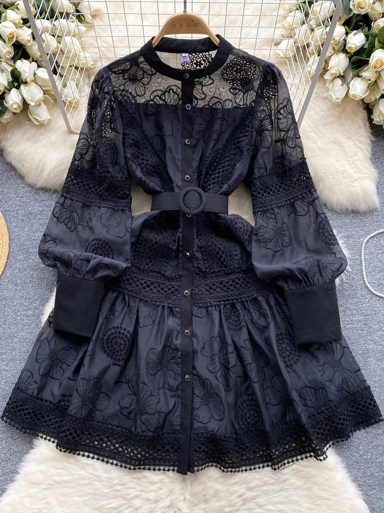 Luxury Women Lace Shirt dress White Black  New Vintage embroidery Lantern sleeve dresses with belt Sexy clothes INKEO 4D062