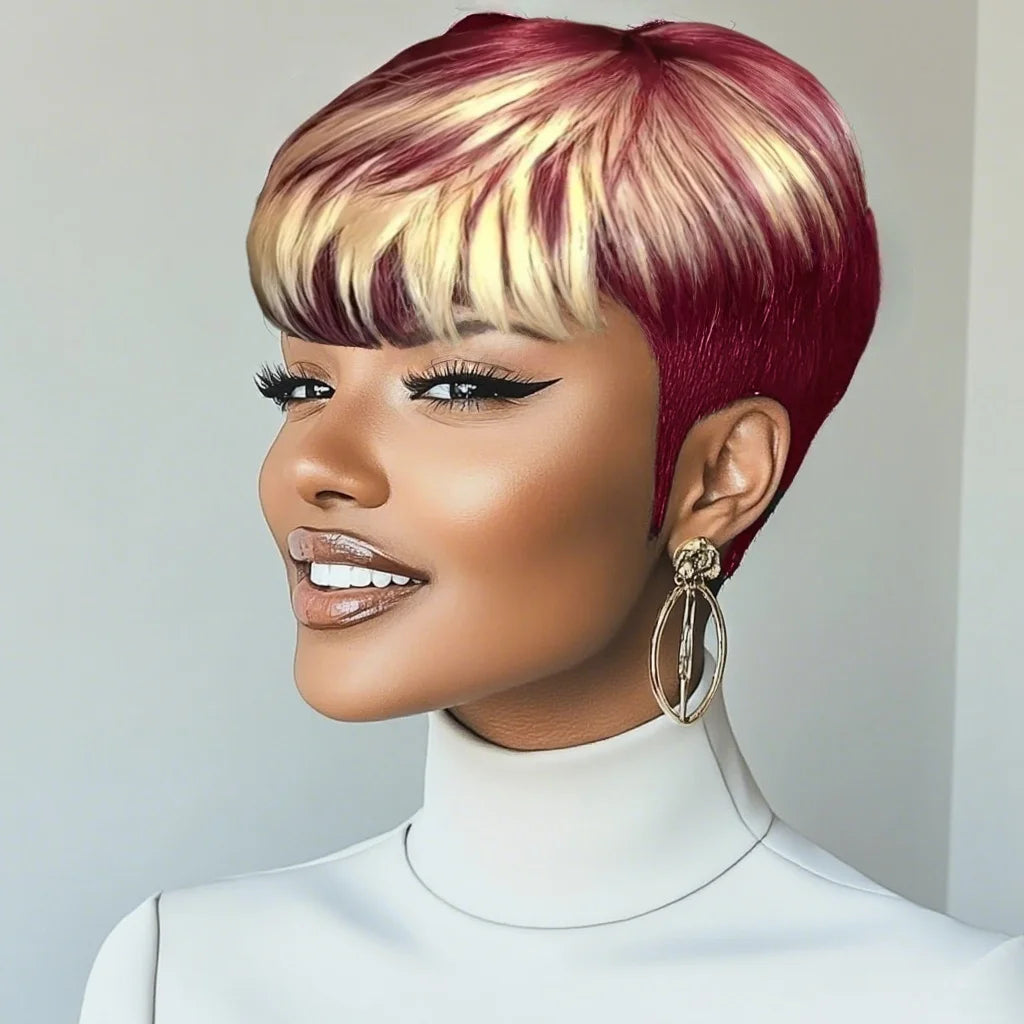Pelucas Pixie Cut Para Mujer Cabello Humano Brasileño 99J Rojo 613 Peluca Corta Con Flequillo Pelucas Pixie Cut En Capas Peluca Hecha A Máquina Completa