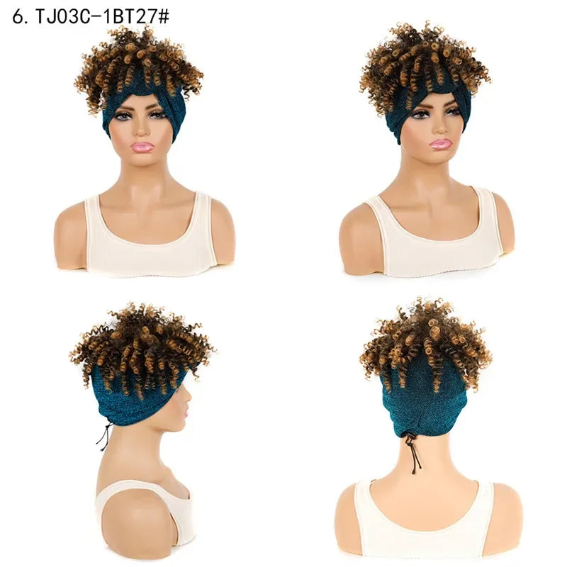 Fluffy Headband Wigs for Black Women Short Afro Kinky Curly Headwrap Wig High Temperature Natural Synthetic Headband Scarf Wig
