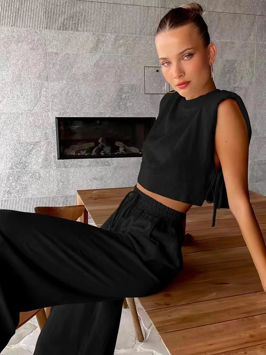 Cotton And Linen Pant Sets Women Sleeveless Leace-up Short Tops Drawstring Long Pants Two Piece Set Commuting 2025 Summer New