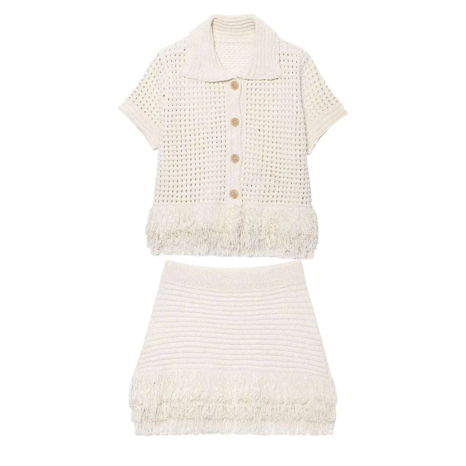 HipSeam Fringed Check Knit Skrts Sets Short Sleeved Lapel Button Tops Sexy Hip High Waist Skirts 2 Piece Set Women's Outfits